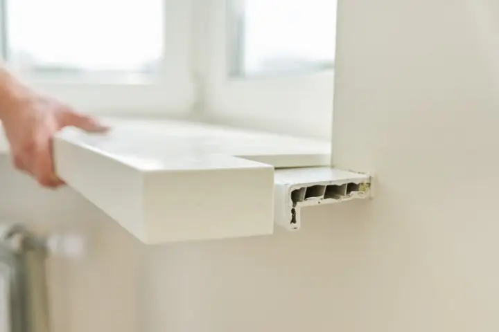 A person removes a white plastic window sill from its position beneath a window, exposing its hollow interior and the wall beneath—similar to examining the hidden structure of kitchen countertops or a countertop edge profile.
