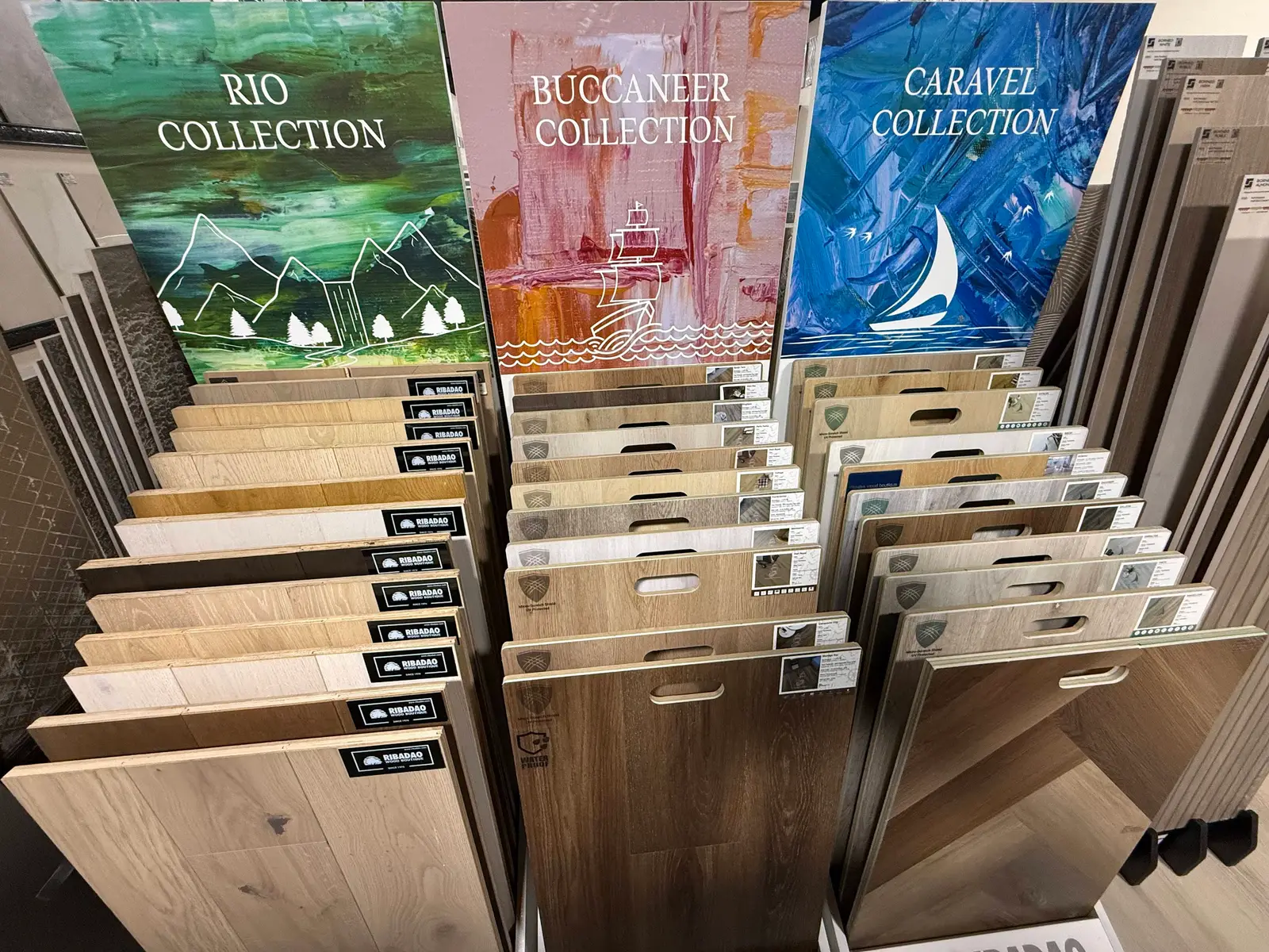 LVP collections displayed on rolling sample racks