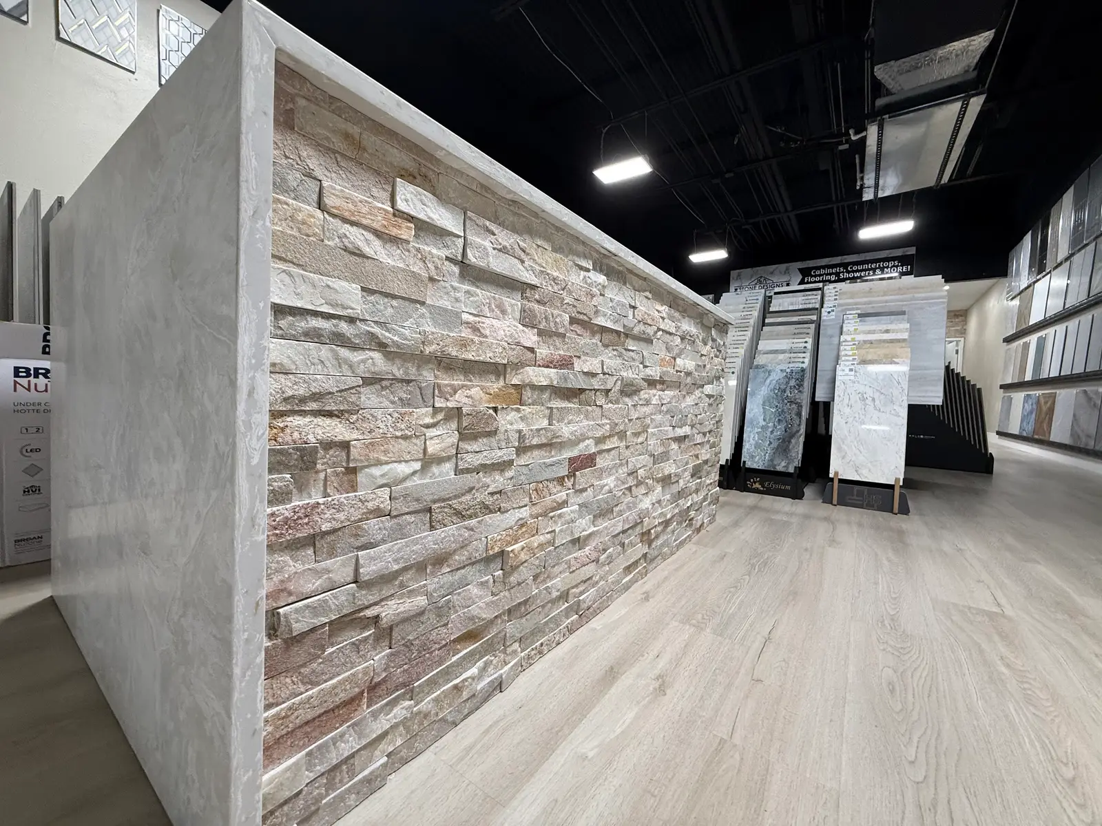 Stacked natural stone feature wall in the Lakeland showroom