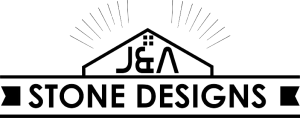 Black and white logo with a house silhouette, "J&A" above, and "STONE DESIGNS" below, surrounded by rays and lines.