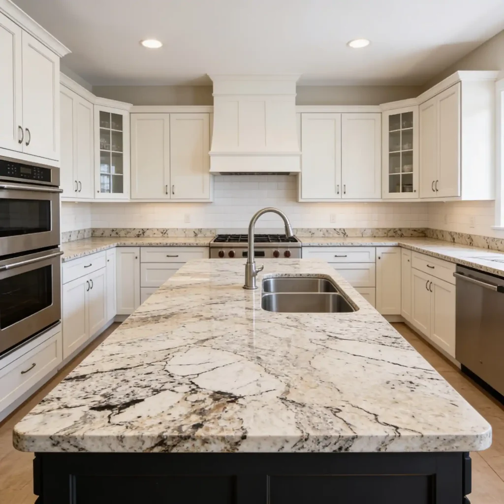 A modern kitchen with white cabinets, a marble island with a sink, and stainless steel appliances.